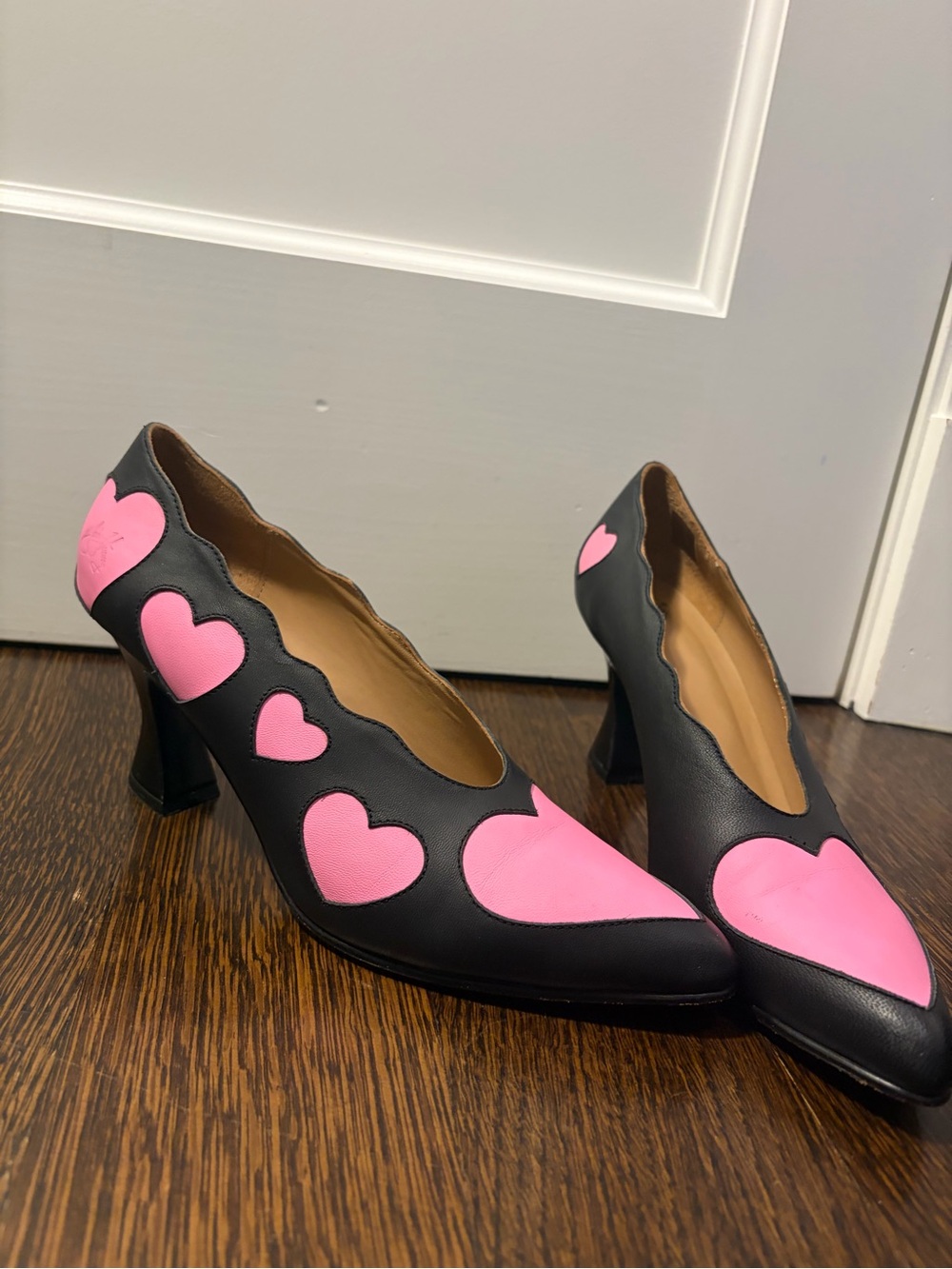 Black Leather Pumps with Pink Hearts - Women's Fashion Heels